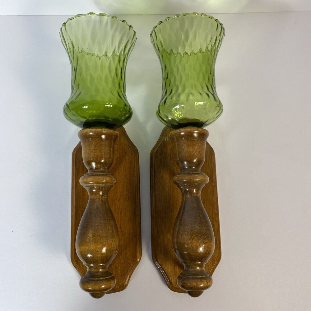 Vintage 1970s Wood Wall Sconces Avocado Green Glass Hurricane Set of 2 Colonial